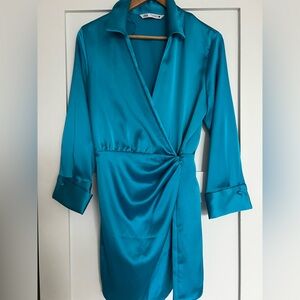 Elegant Teal Satin Wrap Robe Zara
